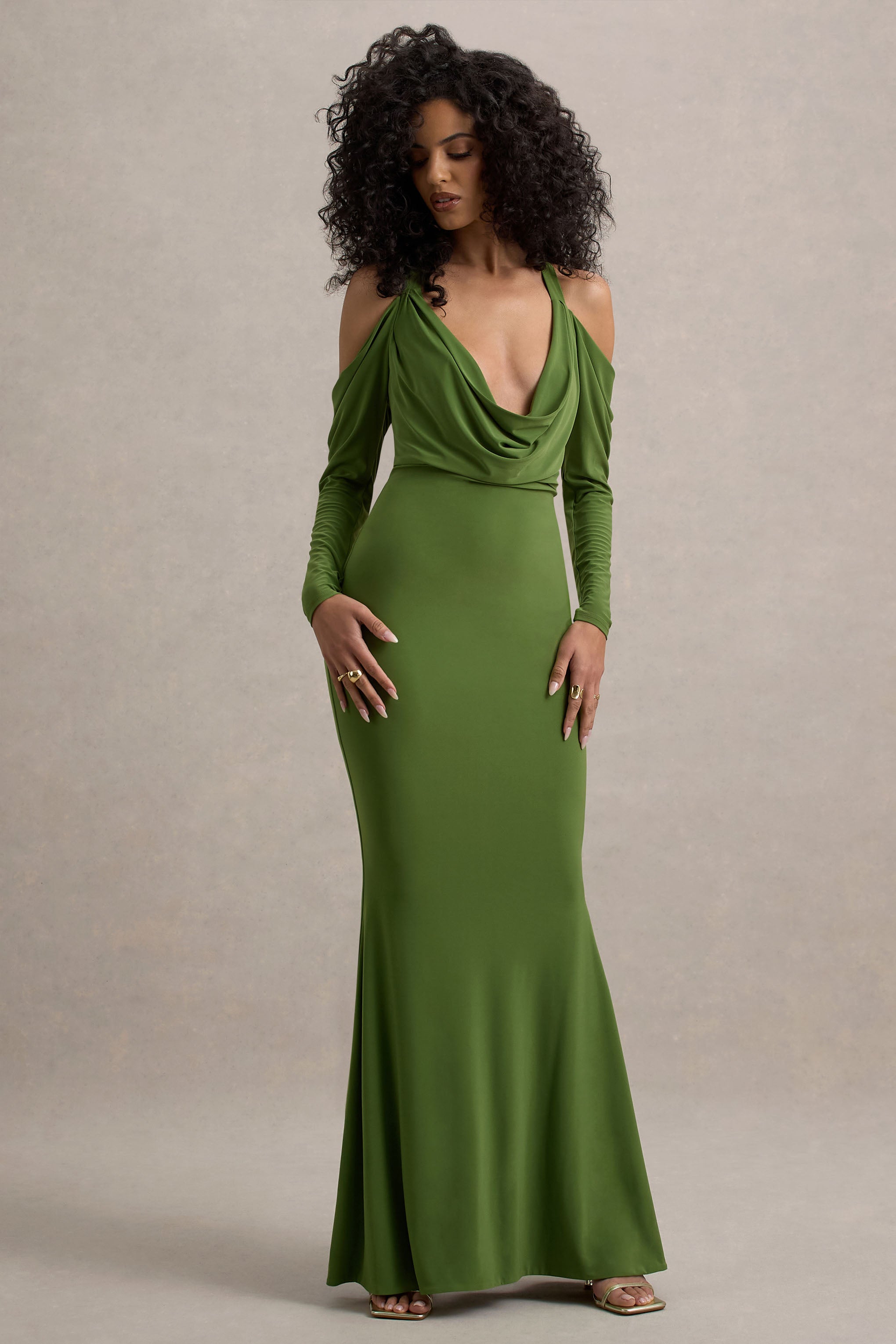 Hurghada | Green Plunge-Neck Long-Sleeve Maxi Dress