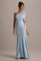 Here For Love | Powder Blue Satin Asymmetric Maxi Dress With Bow