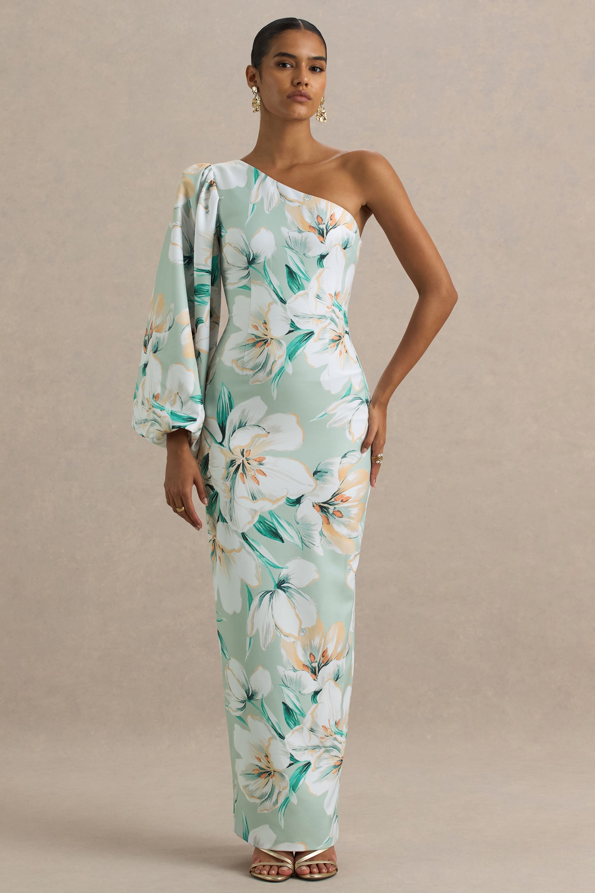 Kellis | Green Floral Print Asymmetric Maxi Dress With Balloon Sleeve