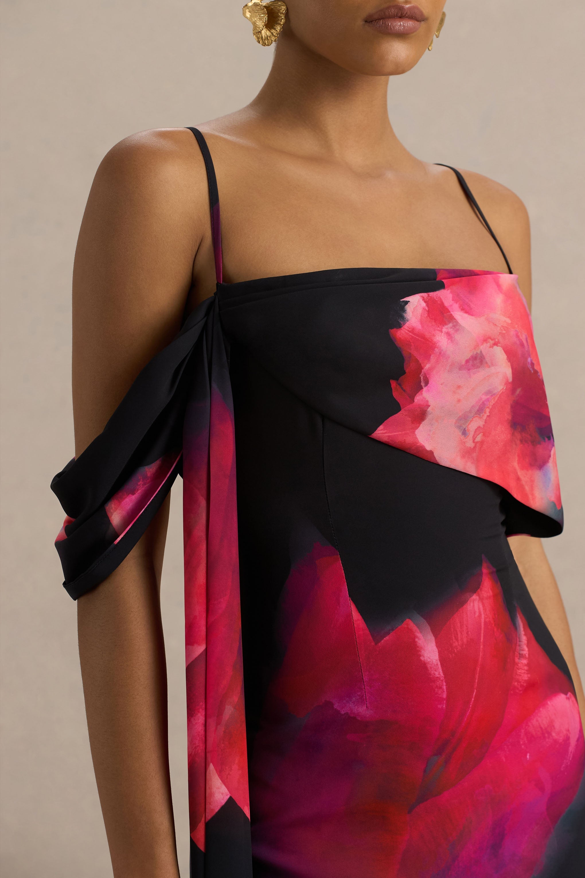 Leonara | Black And Pink Floral Print Cowl-Neck Maxi Dress With One-Sleeve