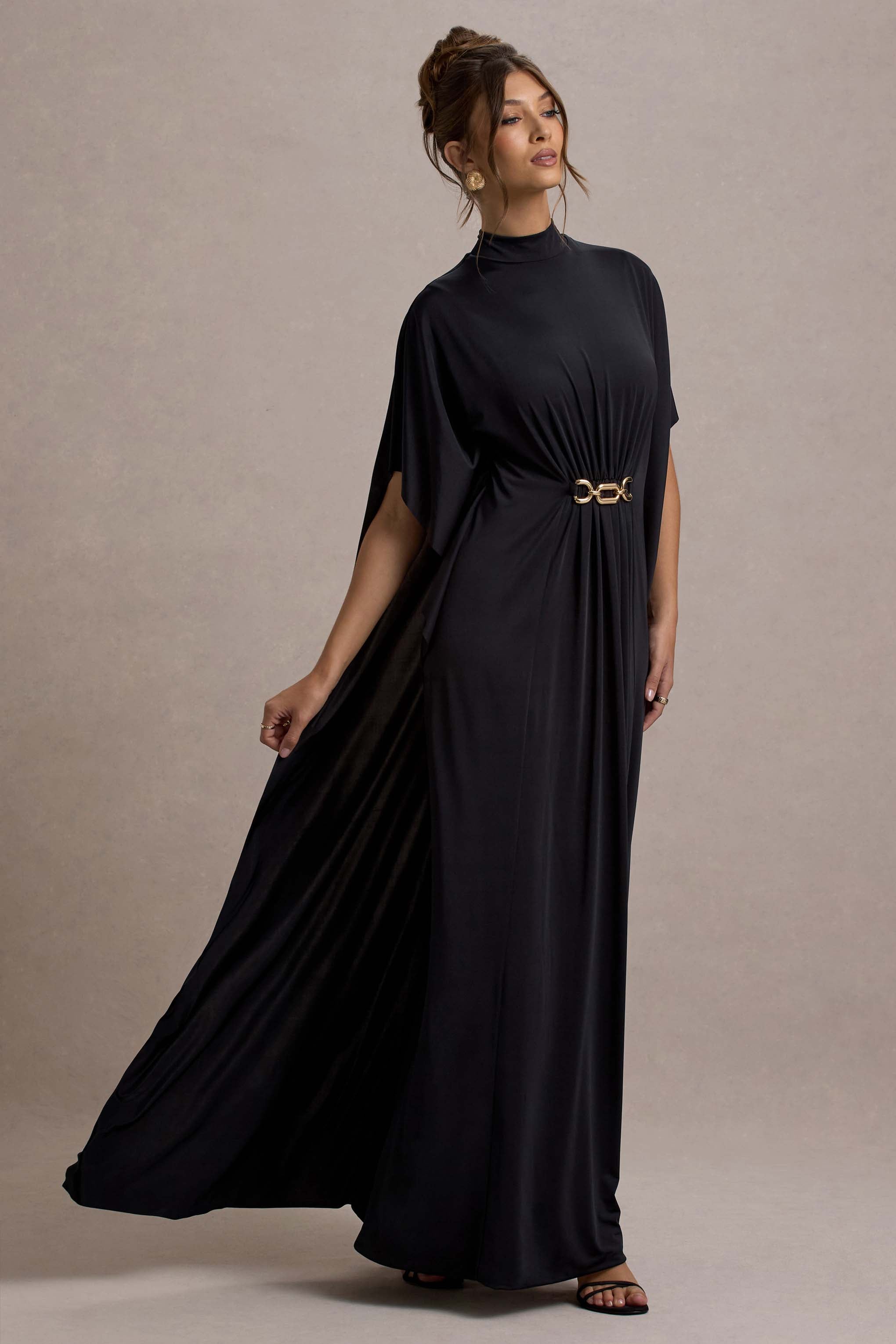 Olessia | Black Belted Gathered Cape-Sleeve Maxi Dress