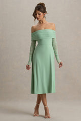 Flatter Me | Light Green Bardot Midi Dress With Mesh Sleeves
