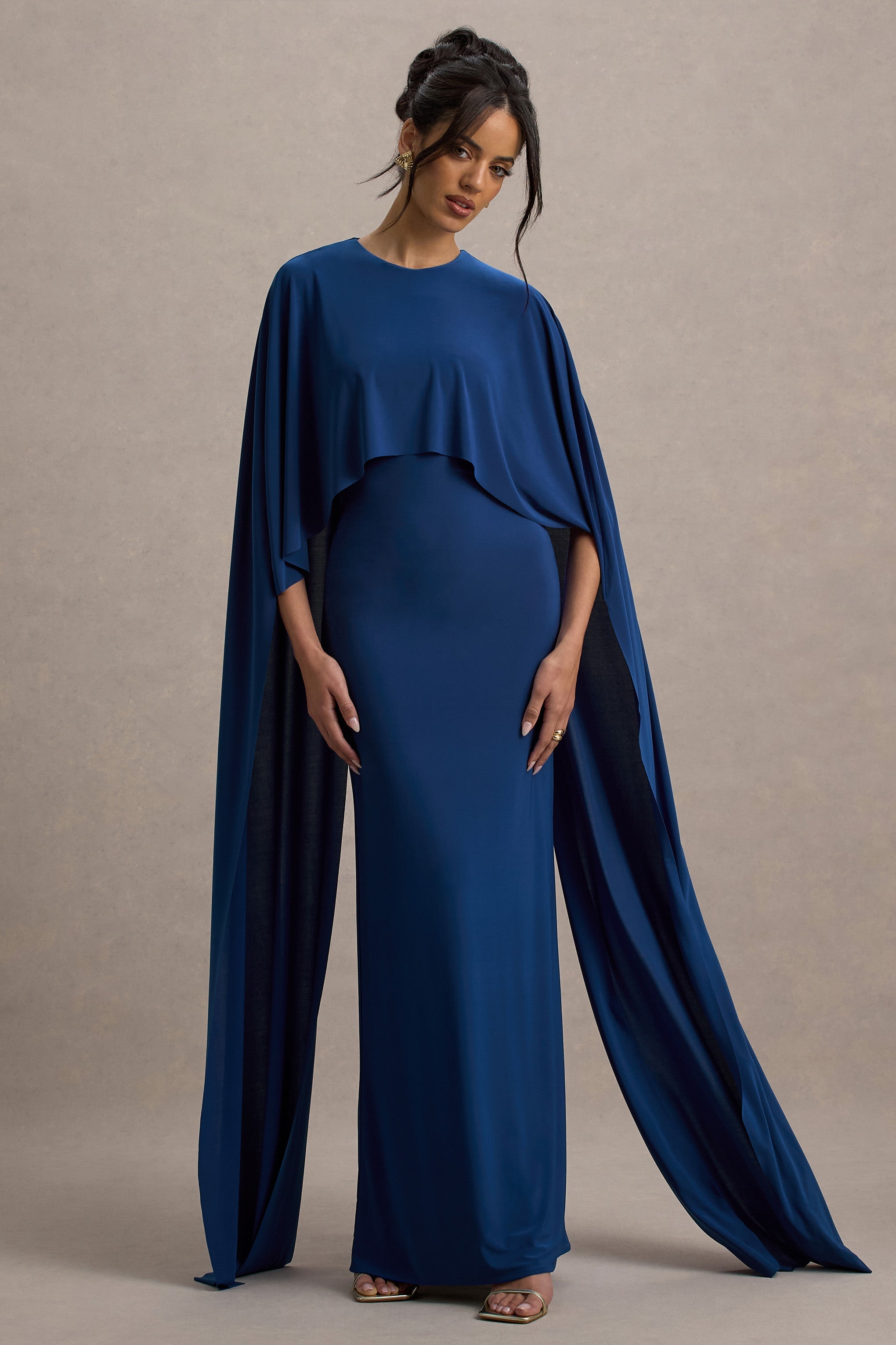 Padma | Blue Draped Maxi Dress With Cape Sleeves