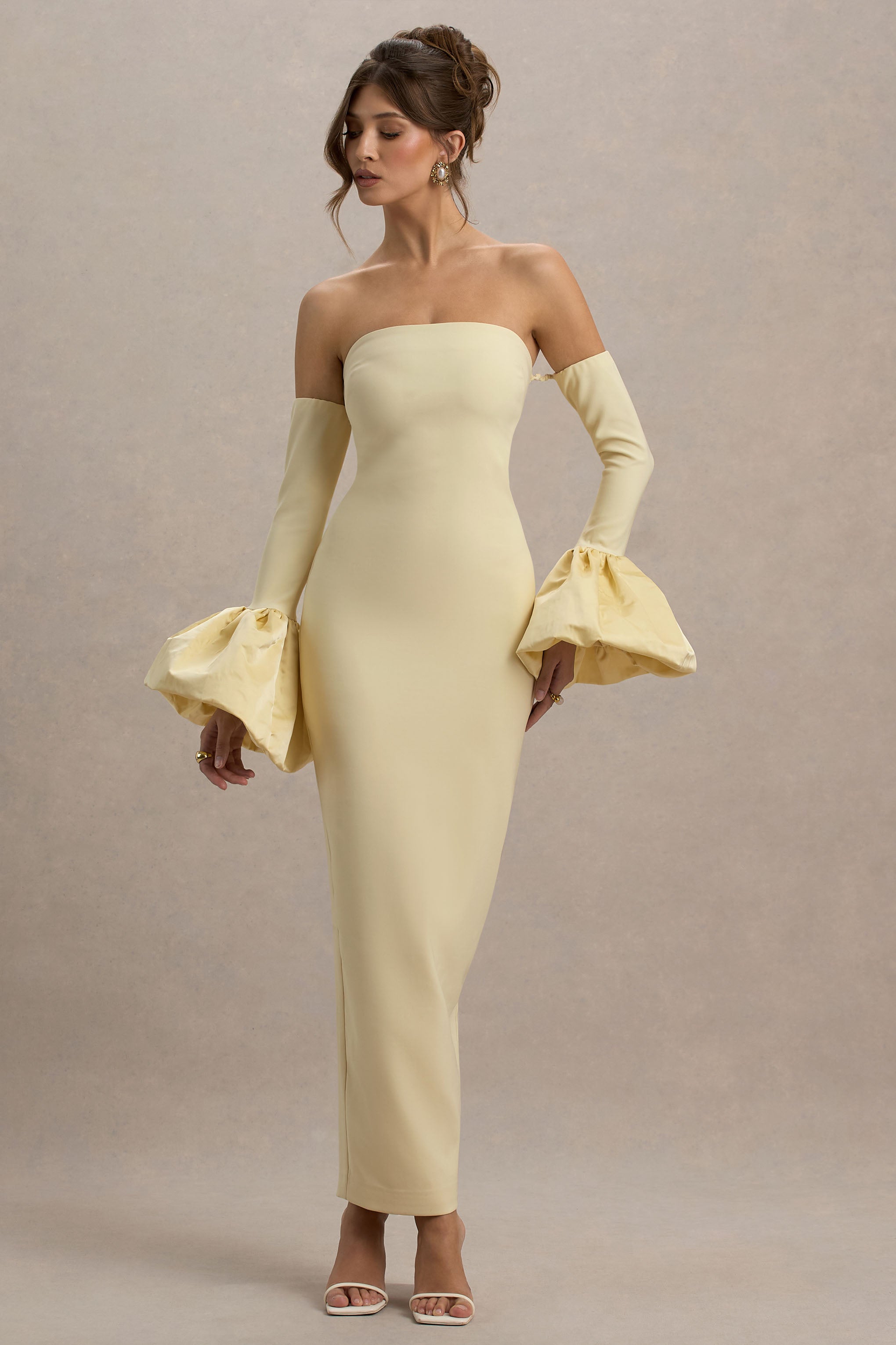 Myah | Lemon Bandeau Long-Sleeve Maxi Dress With Puff Cuffs