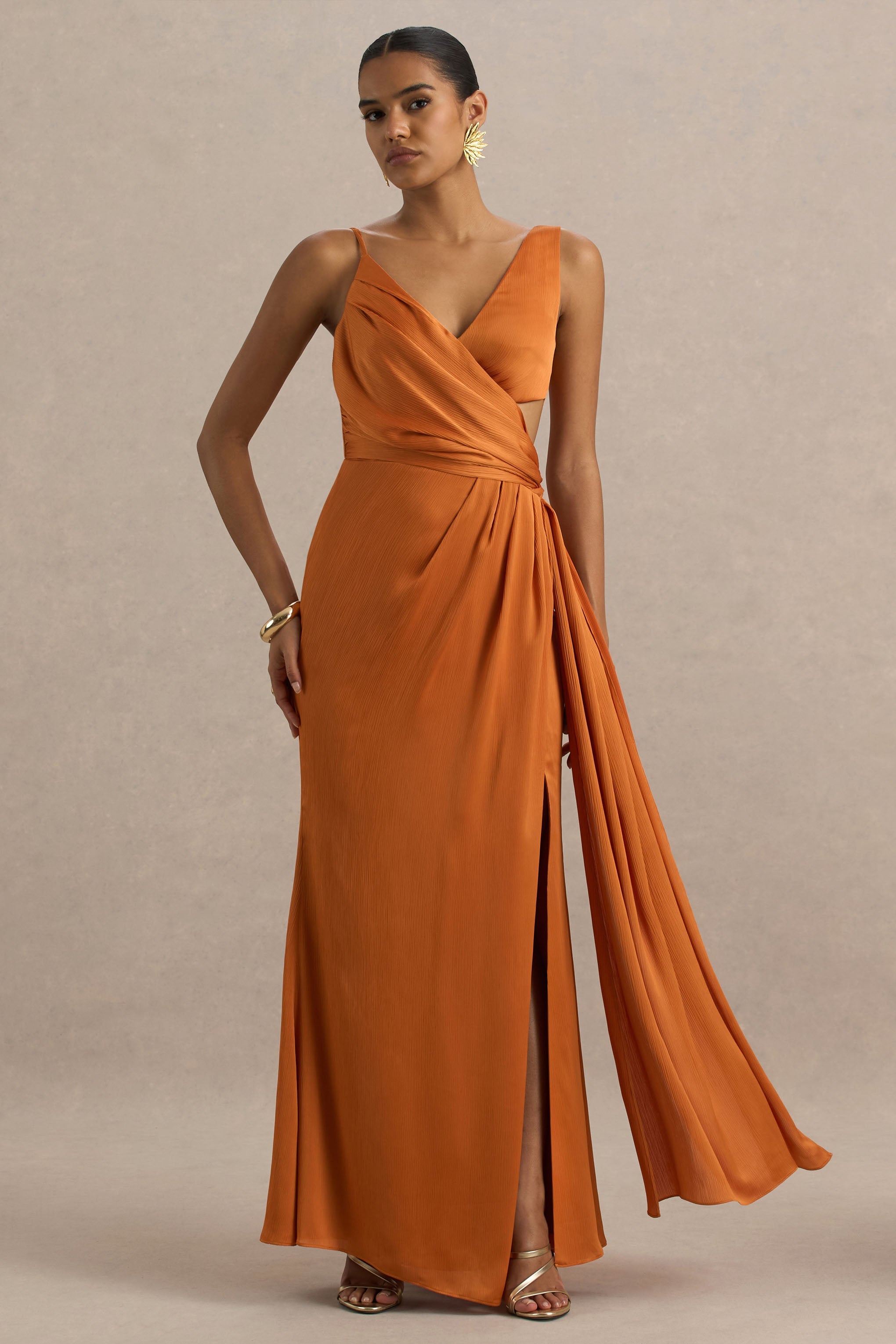 Livia | Orange Plunge-Neck Fishtail Maxi Dress