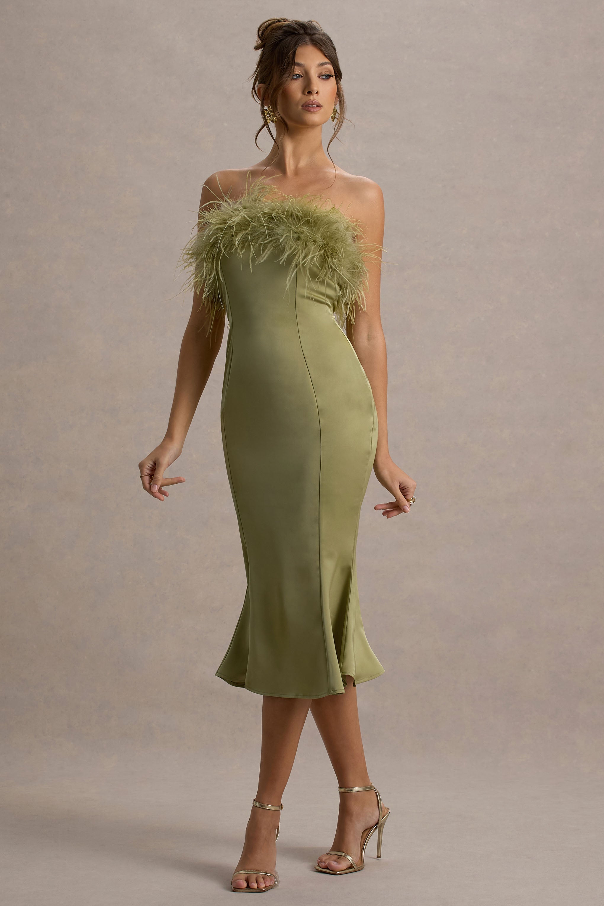 One And Only | Light Green Satin Feather Trim Bandeau Midi Dress