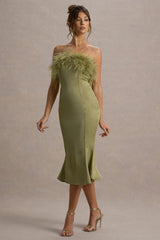 One And Only | Light Green Satin Feather Trim Bandeau Midi Dress