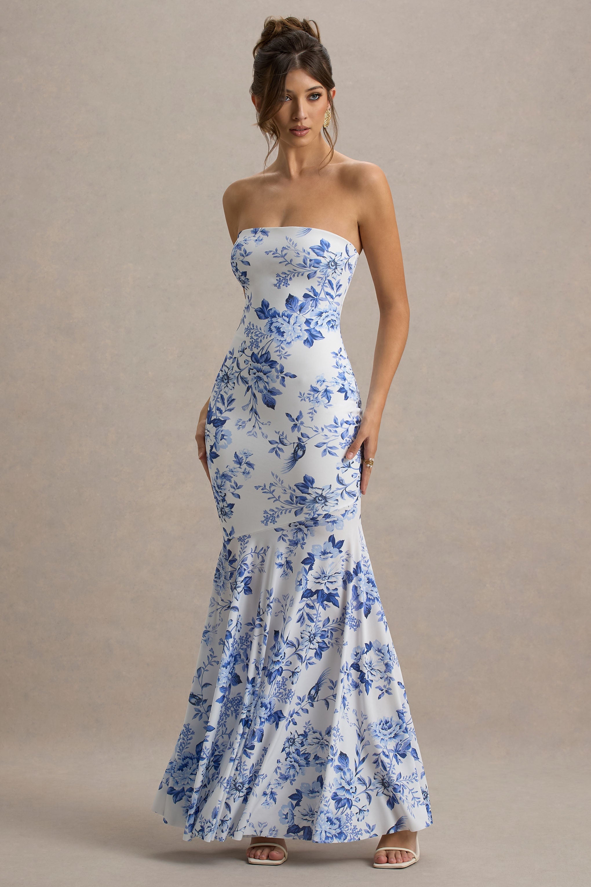 Callie | Blue Porcelain Print Bandeau Fishtail Maxi Dress