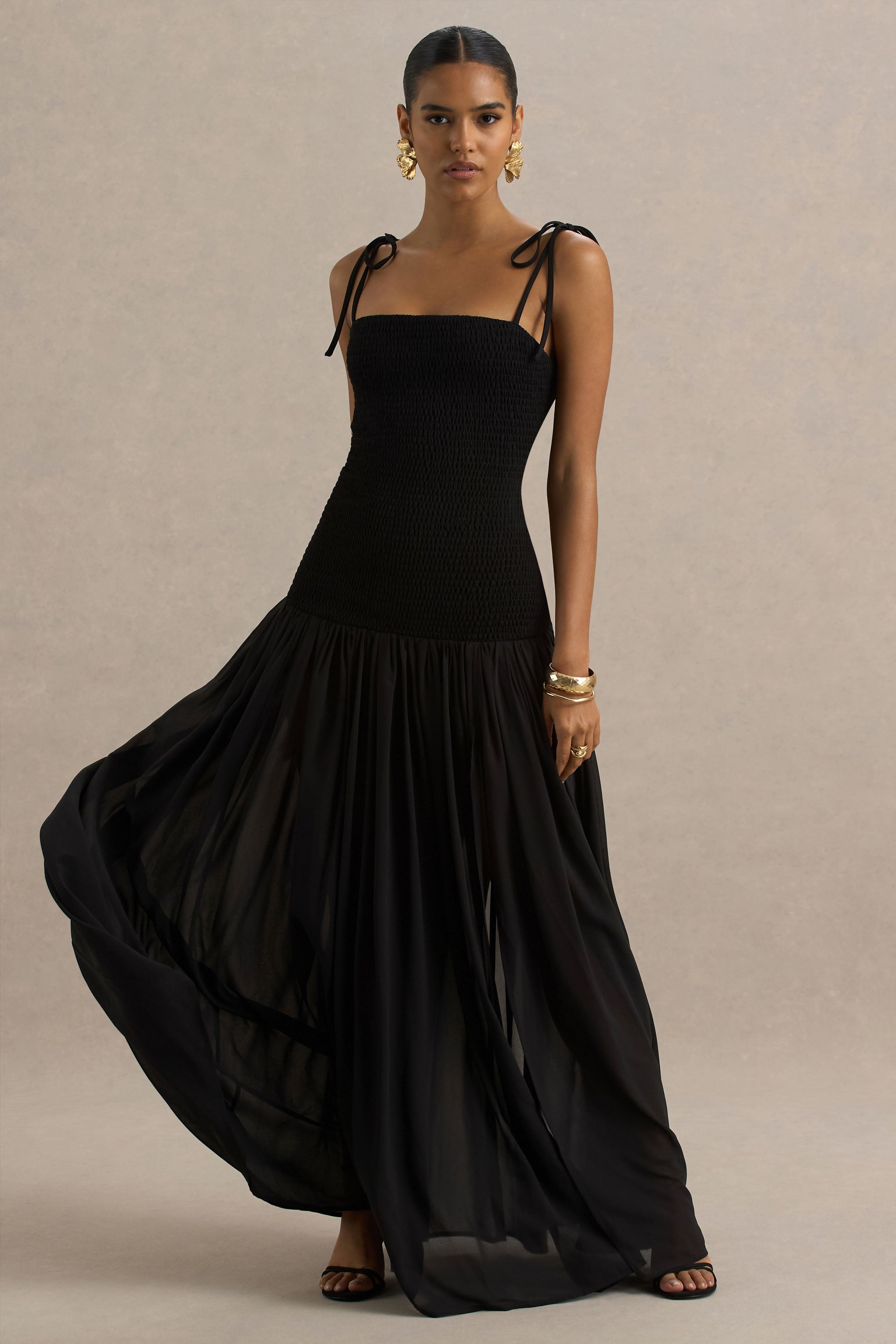 Maeva | Black Square-Neck Fishtail Maxi Dress With Ruched Detailing