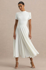 Vicky | White High Neck Midi Dress With Puff Sleeves