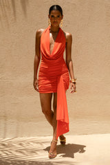 Centrepiece | Orange Cowl-Neck Wrap Mini Dress With Sash