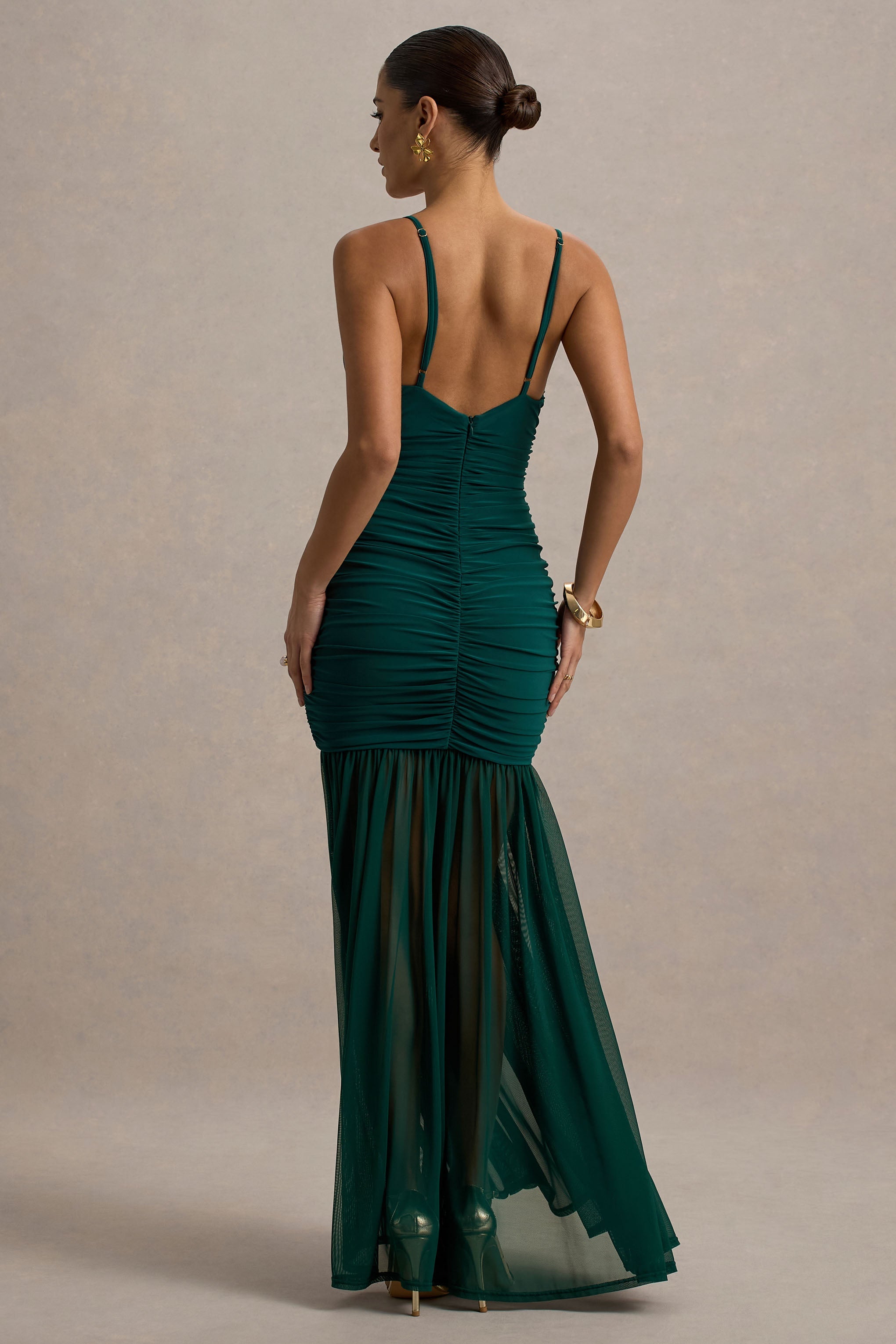 Pasqualina | Bottle Green Ruched Plunge-Neck Maxi Dress