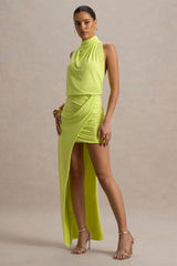 Amphitrite | Lime Green High-Neck Ruched Maxi Dress With Wrap Skirt