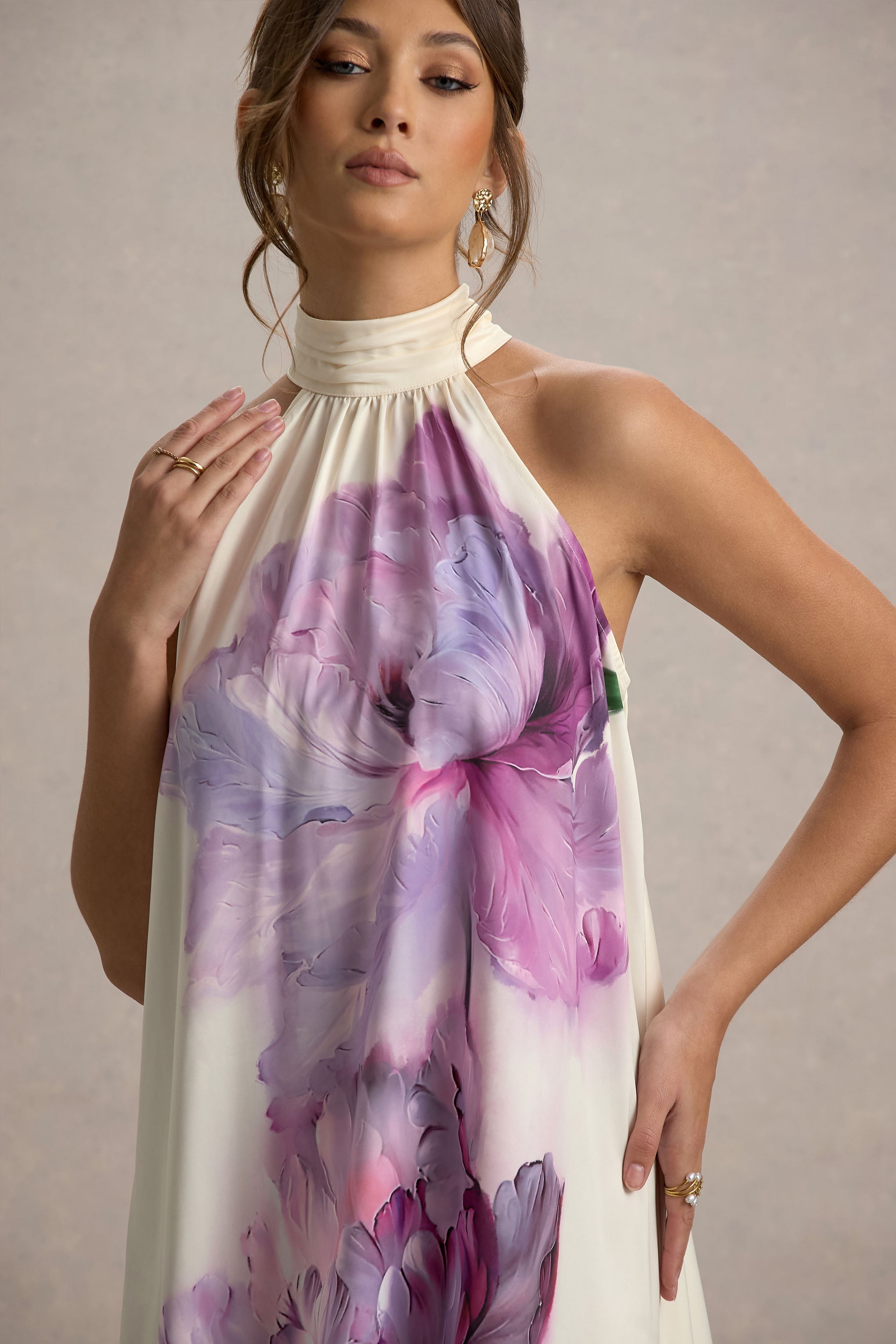 Maisie | Pink Floral Print High-Neck A-Line Mini Dress With Bow