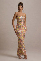 Vitora | Pastel Floral Print Sequin Square-Neck Maxi Dress