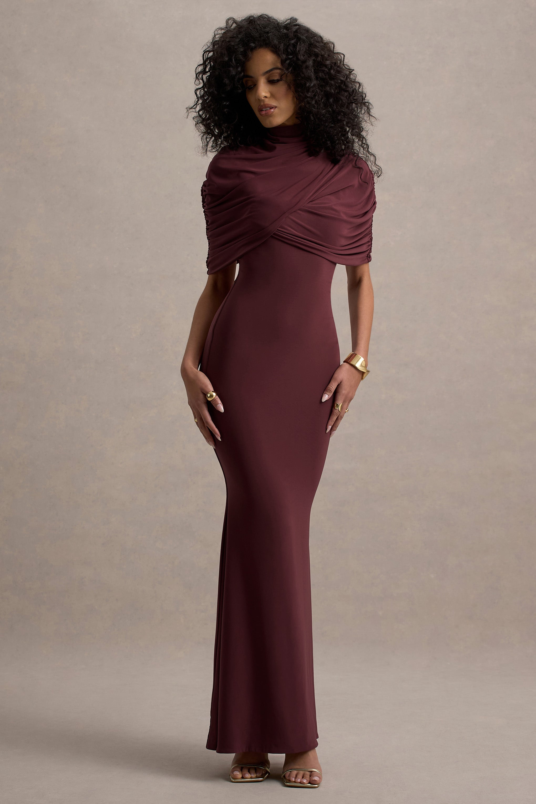 Cleora | Burgundy Twist Cape Maxi Dress