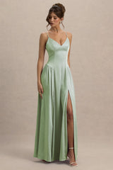 Jonas | Light Green Plunge-Neck Maxi Dress With Cami Straps