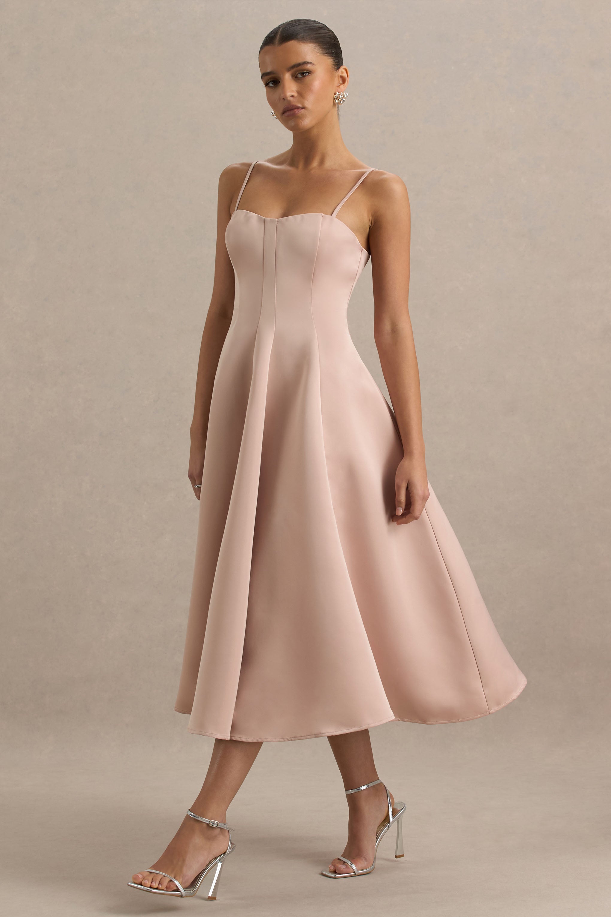 Mally | Rose Pink Satin Sweetheart A-Line Midi Dress