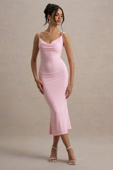 Addison | Pink Cowl-Neck Open-Back Midi Dress With Lace