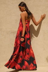 Bergamot | Black And Red Floral Print Satin Sweetheart Maxi Dress