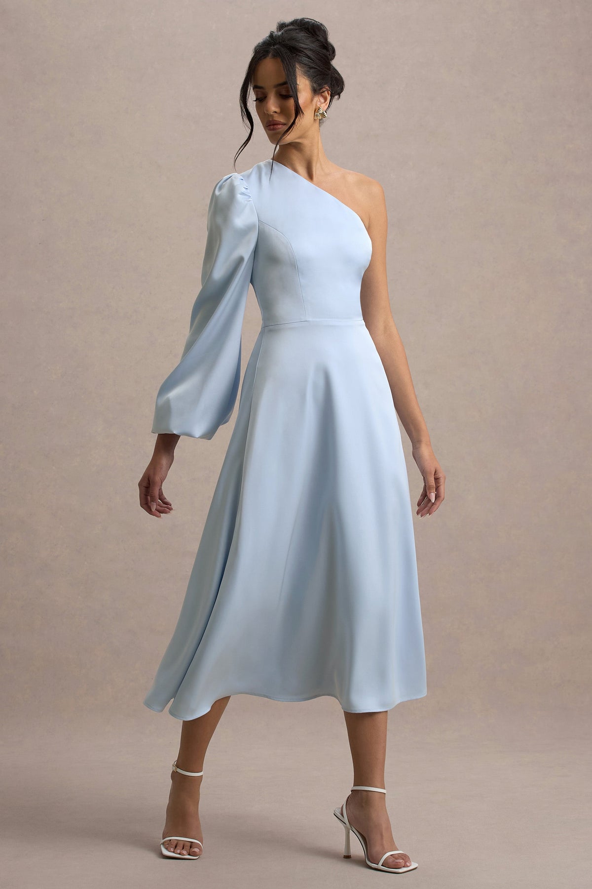 Haila | Powder Blue Satin One-Shoulder Midi Dress