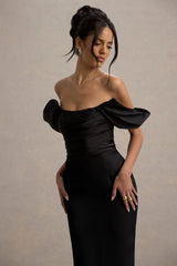 Annita | Black Satin Bardot Maxi Dress