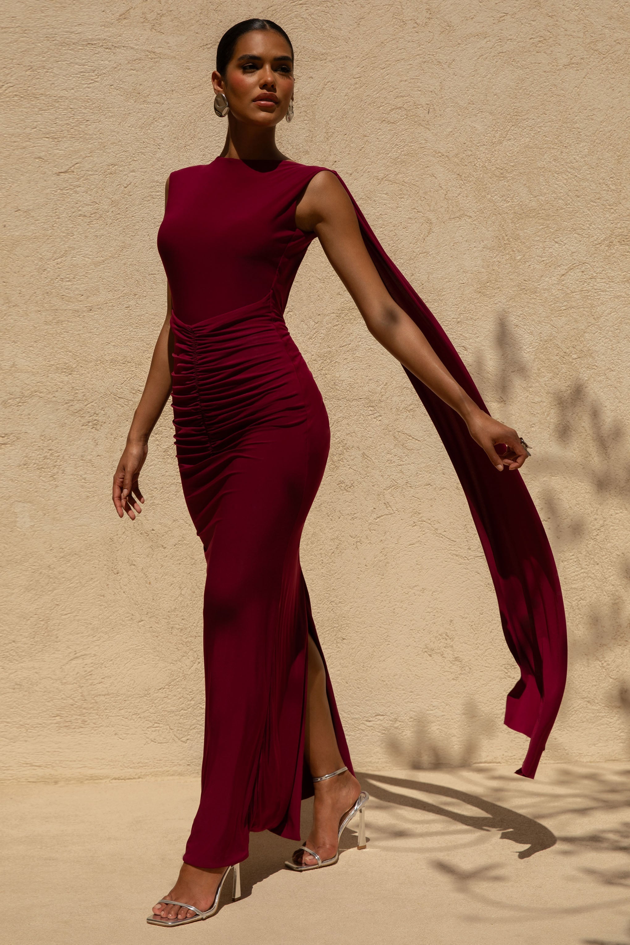 Saige | Burgundy Cap-Sleeve Gathered Maxi Dress
