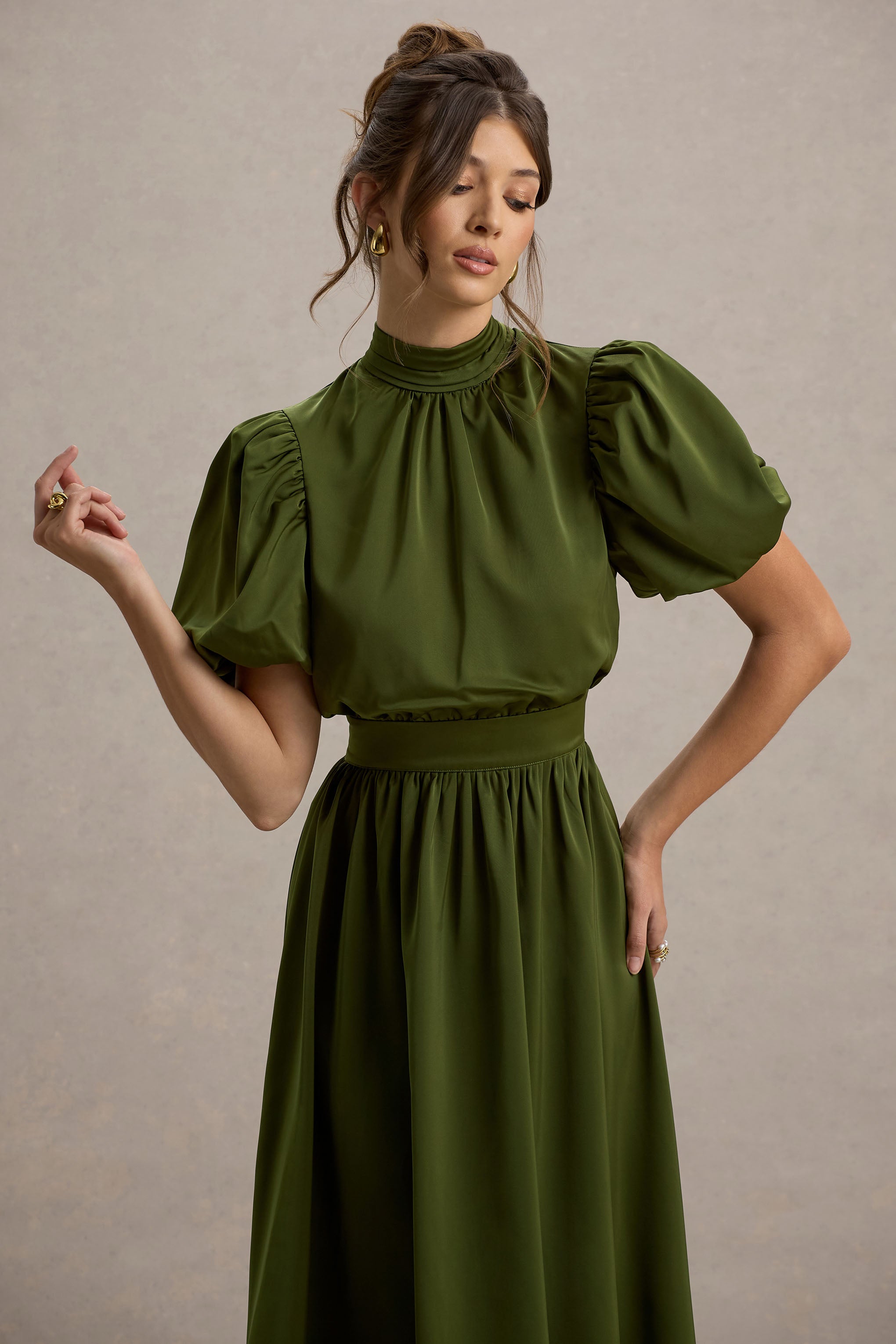 Persea | Olive Satin Puff-Sleeve Midi Dress With Bow