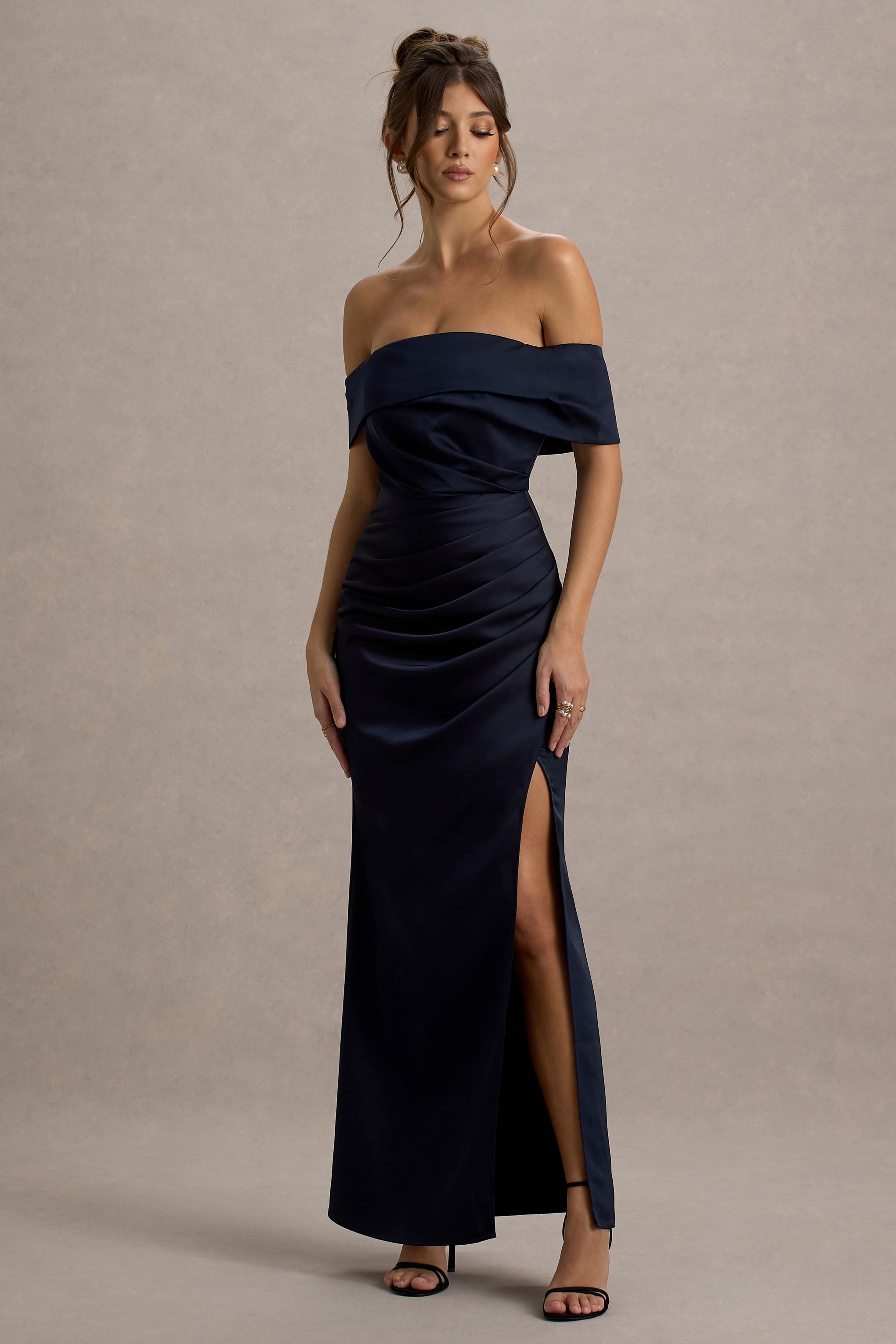 Martine | Navy Satin Bardot Wrap Maxi Dress
