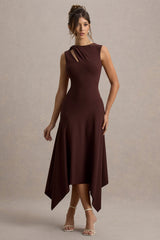 Francesca | Brown Knotted Midi Dress With Handkerchief Hem