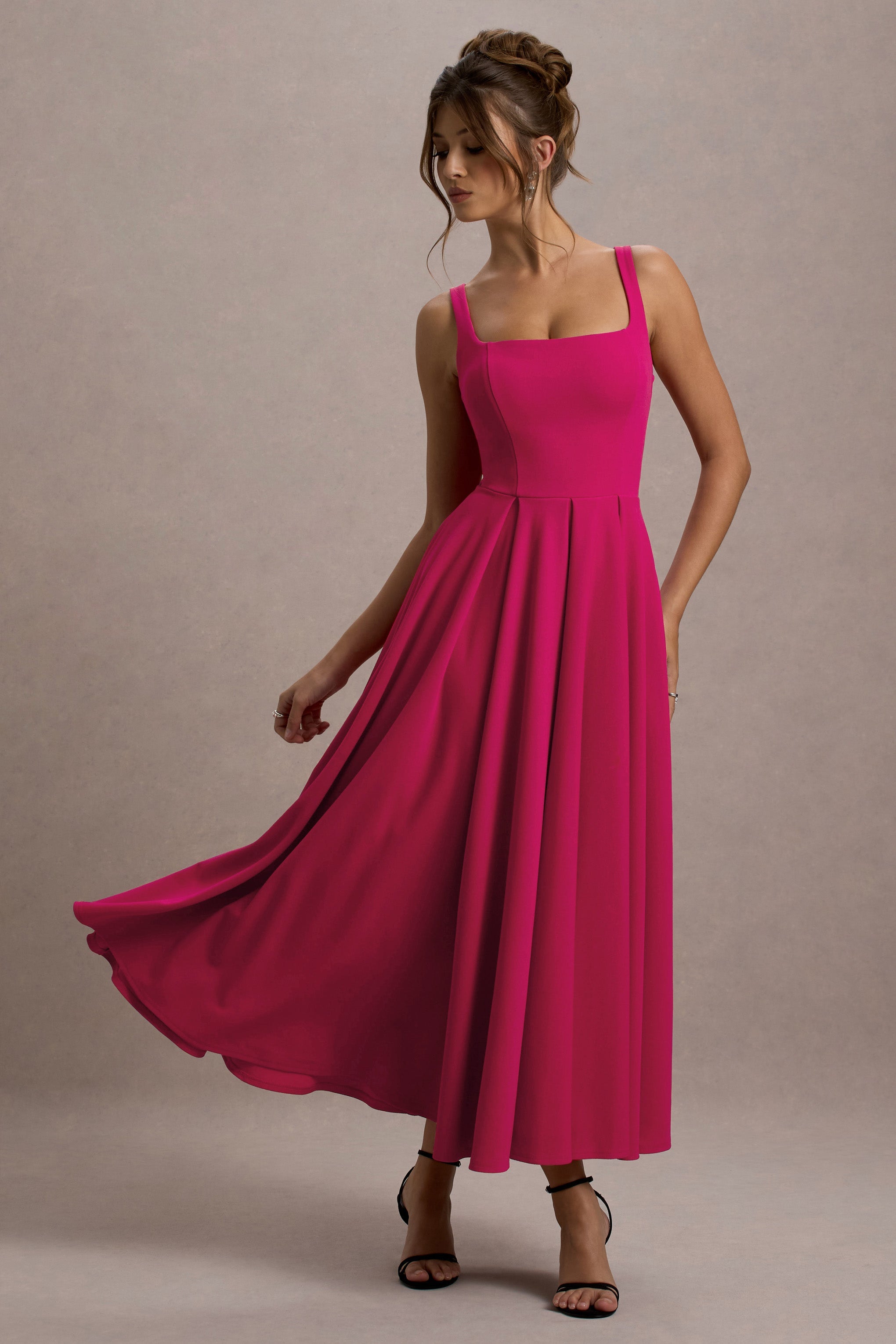 Parina | Hot Pink Strappy Volume-Hem Midi Dress