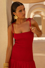 Maeva | Red Square-Neck Fishtail Maxi Dress With Ruched Detailing
