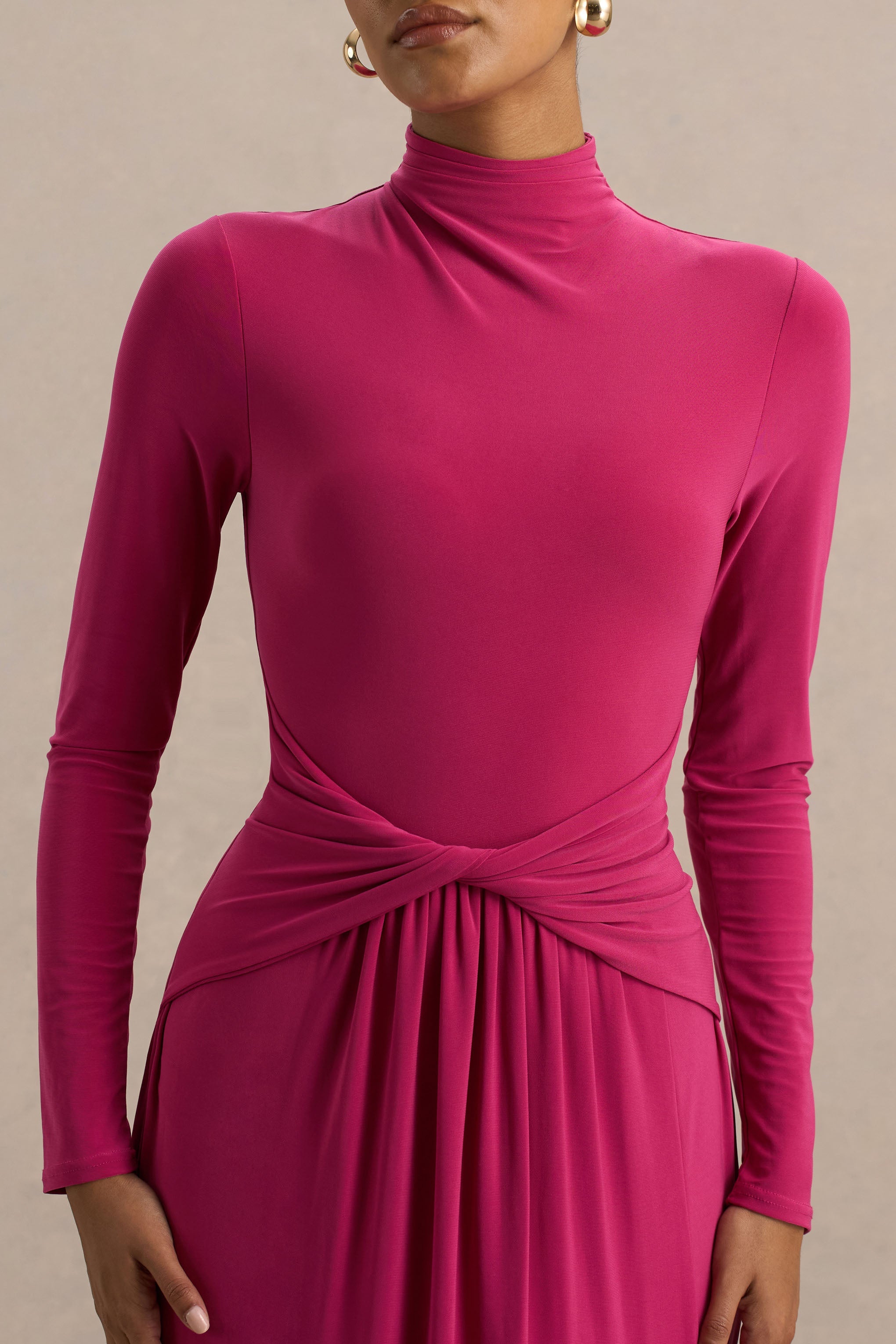 Hourglass | Hot Pink Long-Sleeve Twisted Maxi Dress With Split