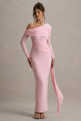 Valina | Pink Ruched Asymmetric Maxi Dress With Drape