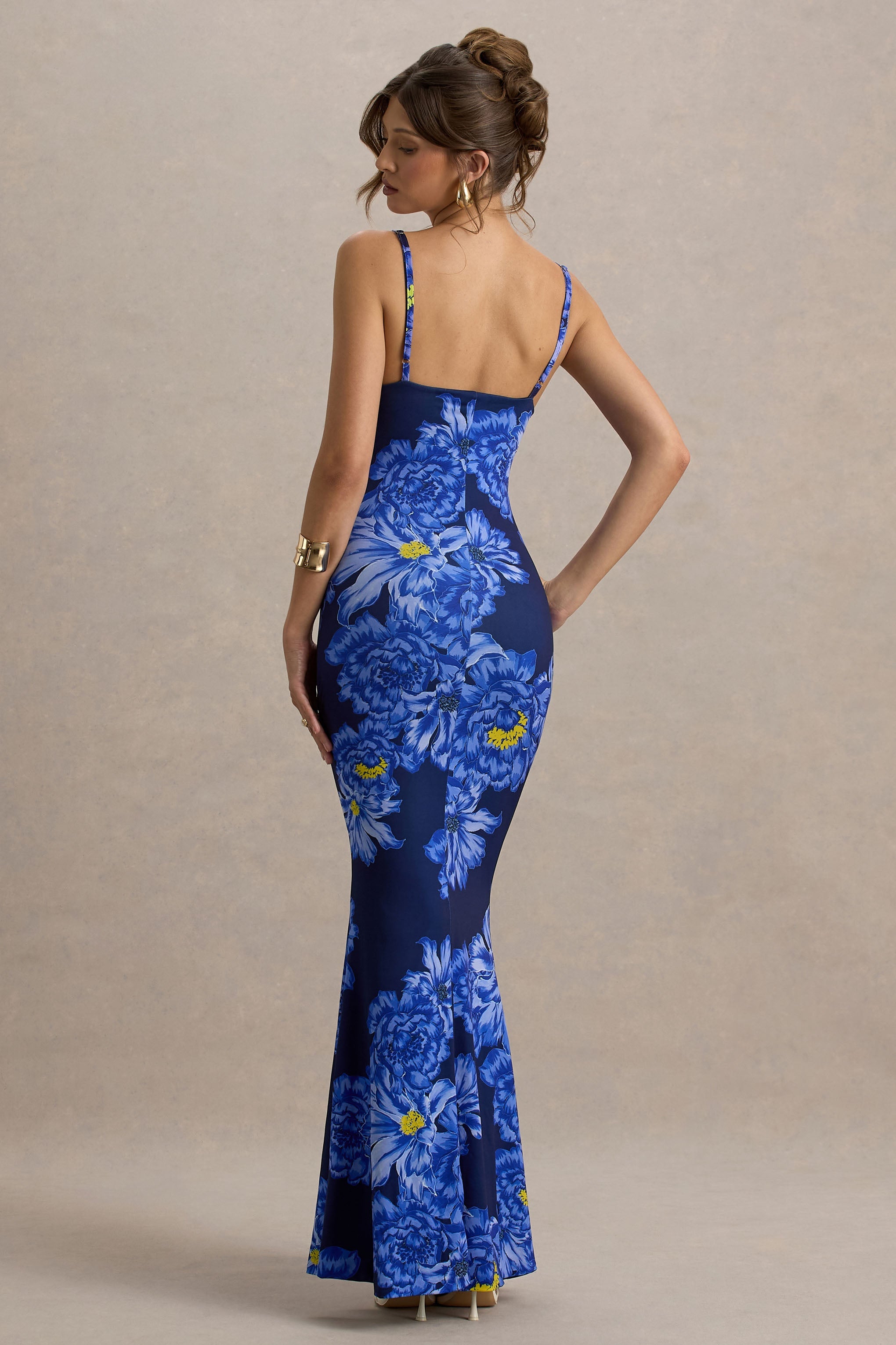 Farah | Blue Floral Print Plunge Neck Maxi Dress With Split Detail