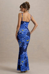Farah | Blue Floral Print Plunge Neck Maxi Dress With Split Detail