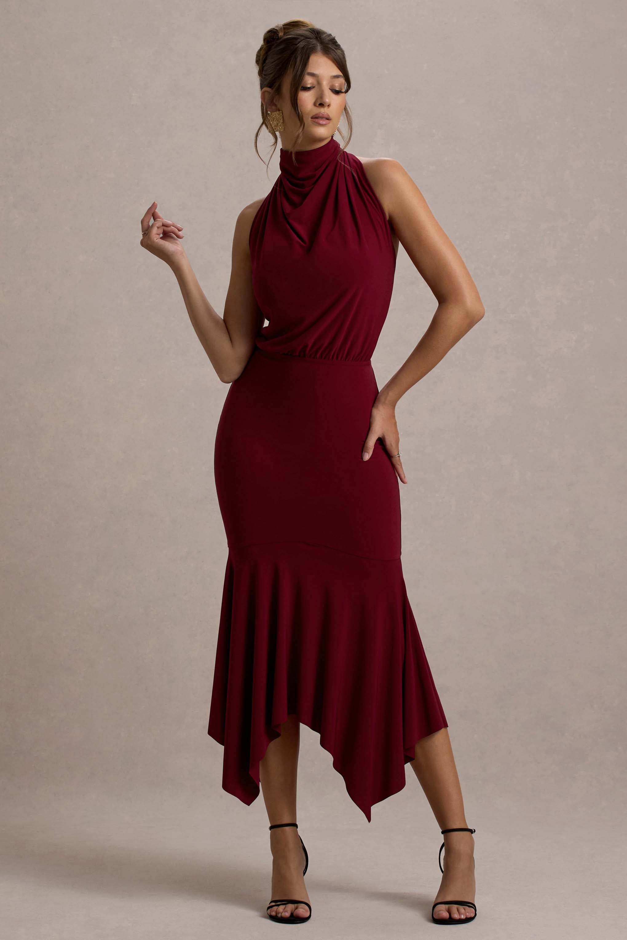 Prianyka | Berry High-Neck Draped Midi Dress