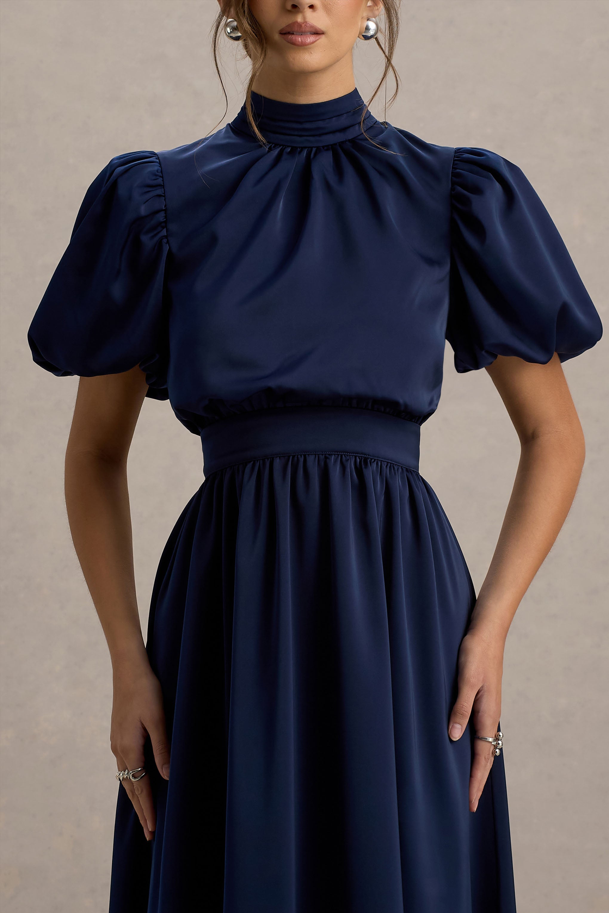 Persea | Navy Satin Puff-Sleeve Midi Dress With Bow