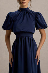 Persea | Navy Satin Puff-Sleeve Midi Dress With Bow