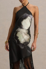 Dhalia | Black Floral Print Halter-Neck Fringe Maxi Dress