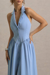 Samsara | Light Blue Plunge-Neck Collared Midi Dress