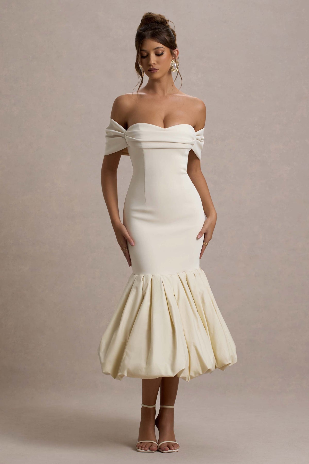 Posie | Stone Bardot Midi Dress With Puffball Hem
