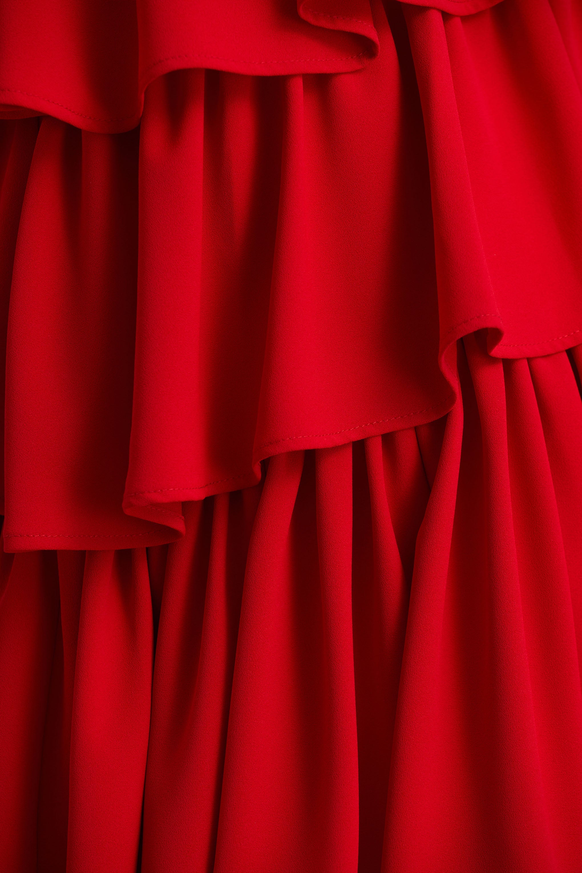 Bogota | Red Plunge-Neck Maxi Dress With Ruffling Details And Front High Split