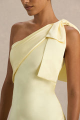 Valerie | Lemon Satin Asymmetric-Neck Maxi Dress With Bow Detail
