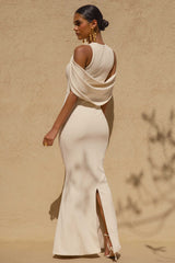 Yulia | Sand High-Neck Maxi Dress With Cape Sleeves