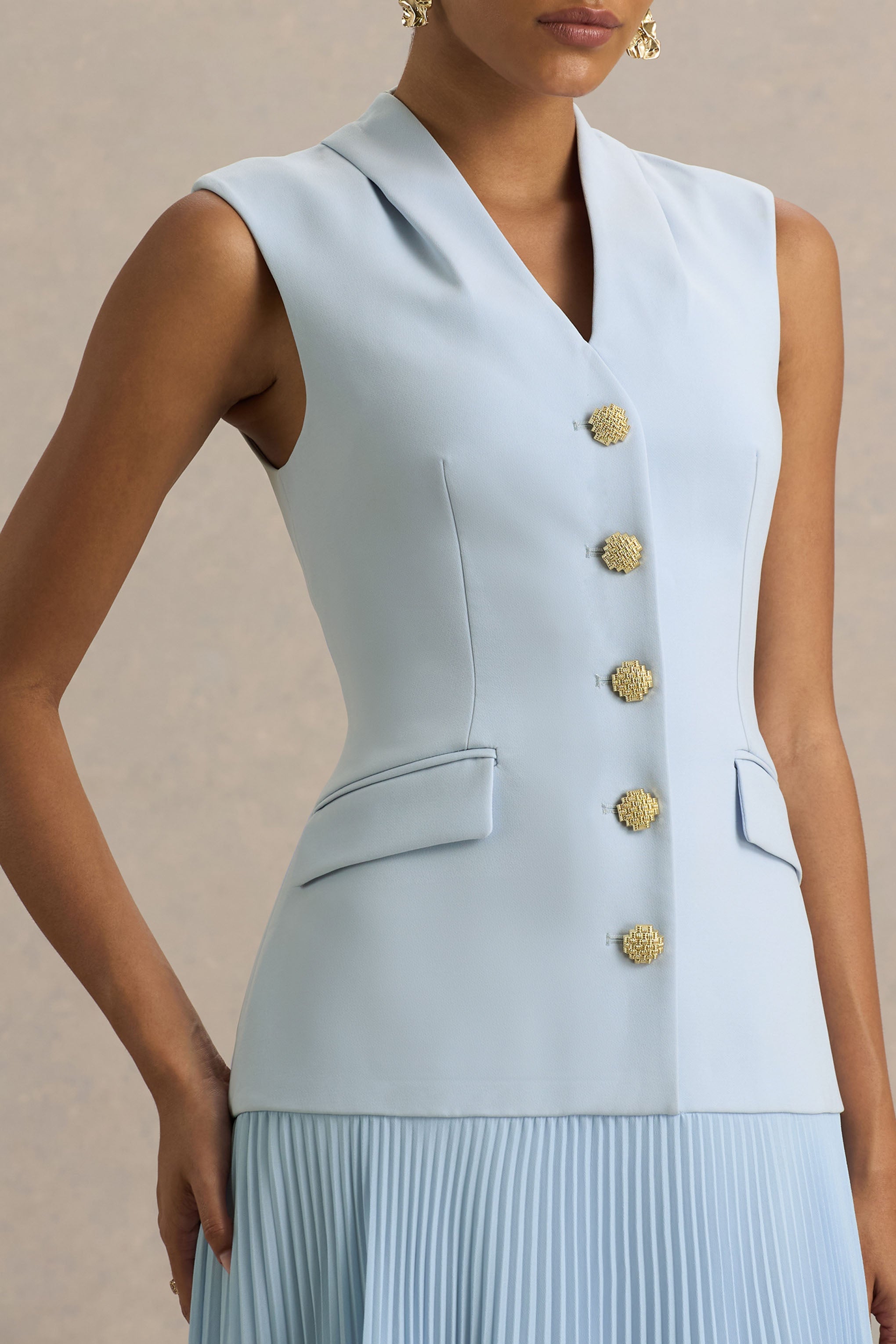 Heavenly | Powder Blue High Neck Maxi Dress With Pleated Detailing