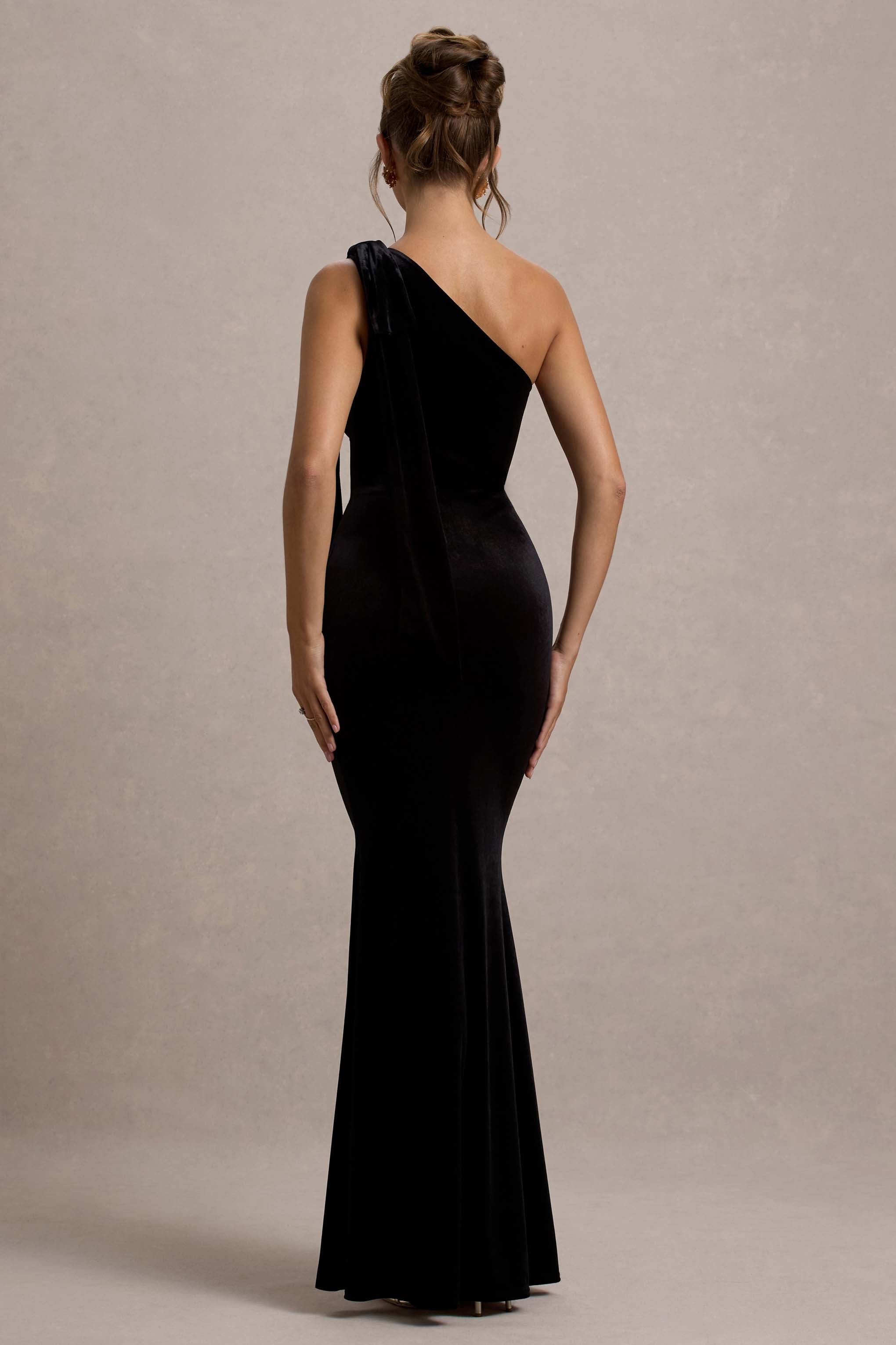 Jillian | Black Velvet Asymmetric Maxi Dress With Bow Strap