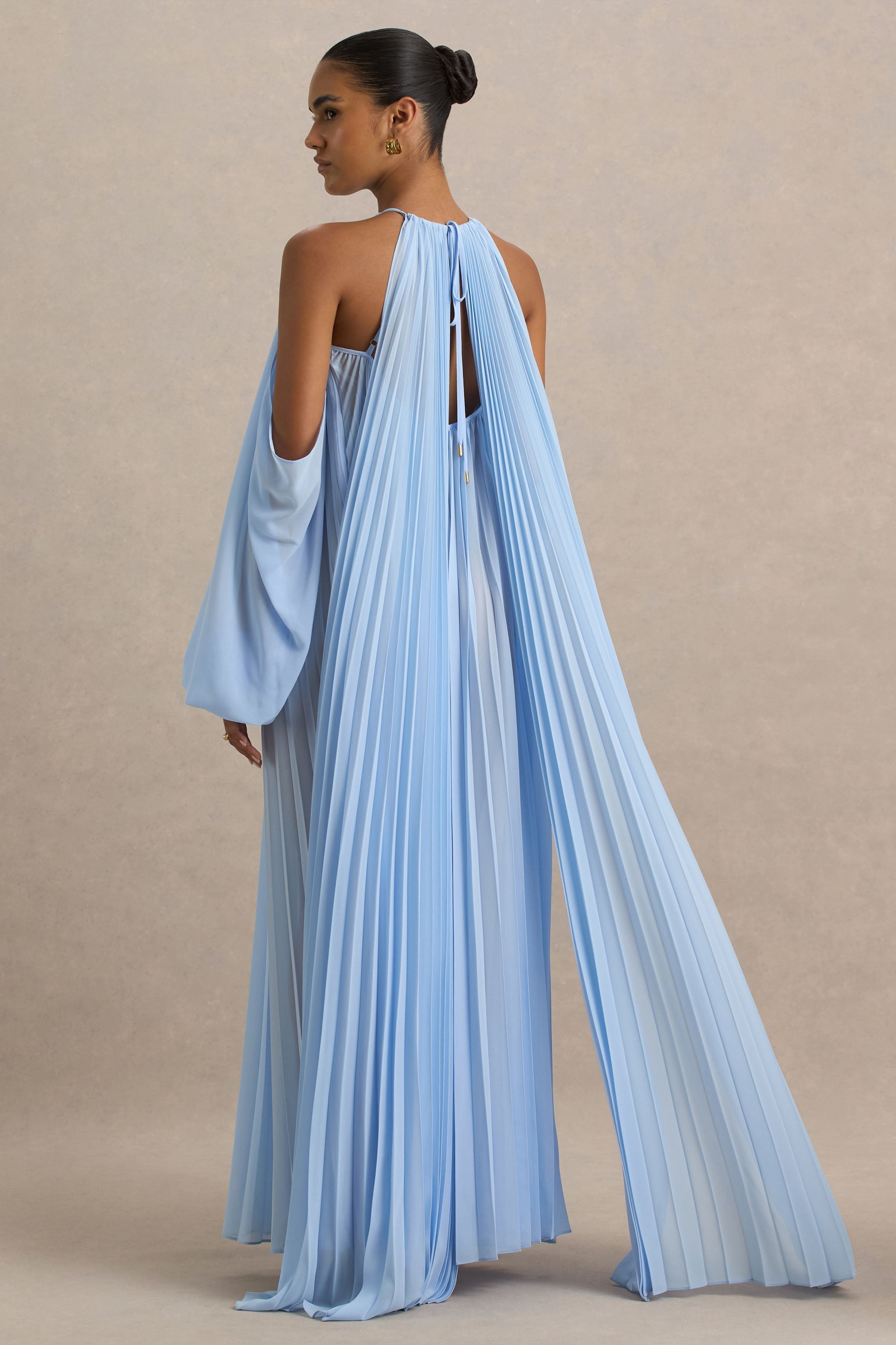 Reyna | Powder Blue Pleated Chiffon Cold-Shoulder Maxi Dress
