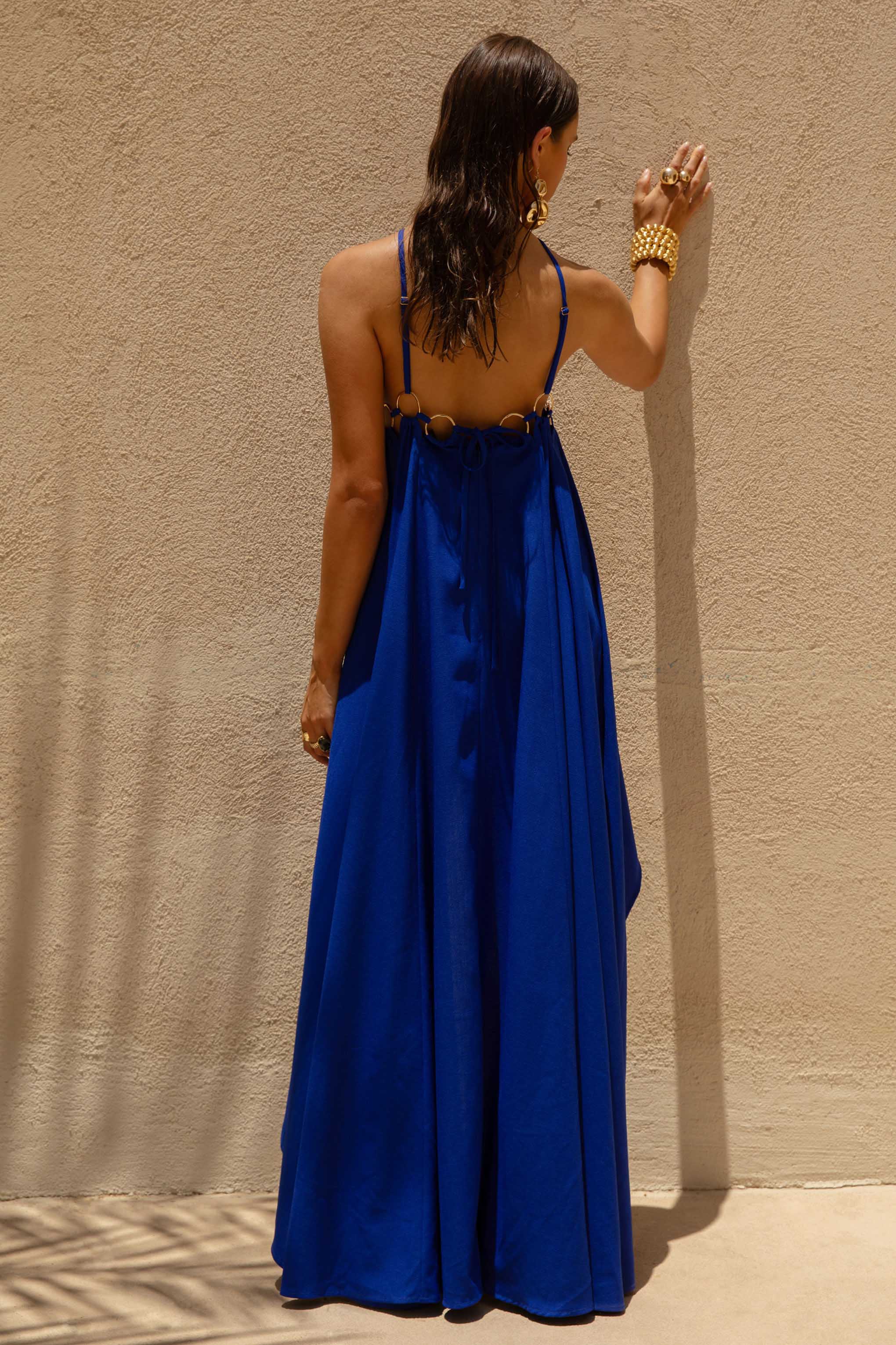 Amiya | Blue A-Line Maxi Dress with Cut-Out Details