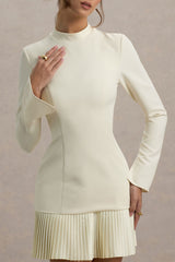 Athena | Cream Long-Sleeve Mini Dress With Pleated Hem